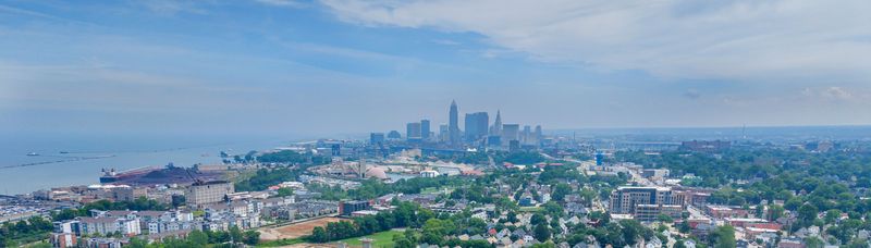Aerial view of the Cleveland skyline and Lake Erie seen from the west side